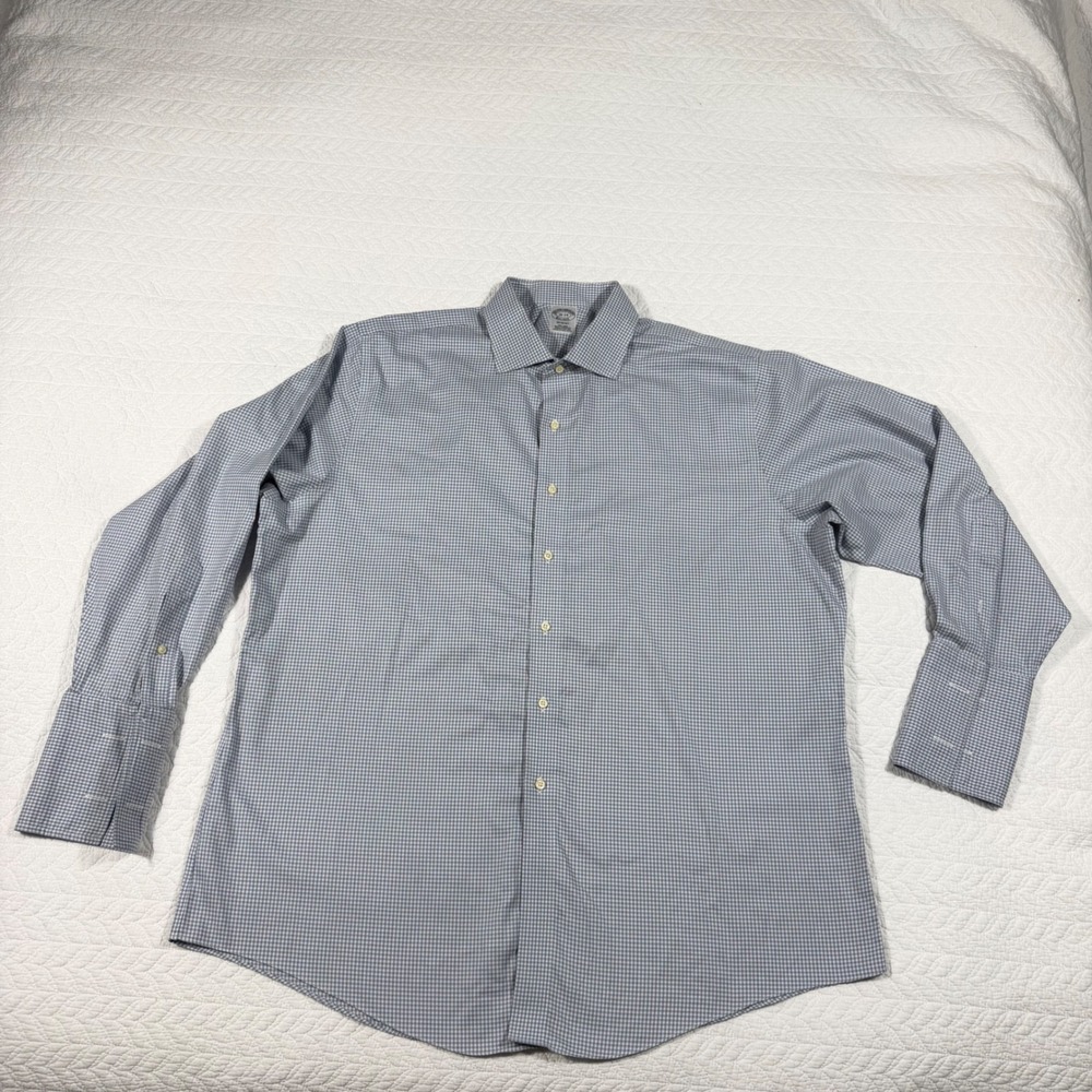 Brooks Brothers Dress Shirt Regent Men 18 34 Blue Non-Iron Check French Cuff EUC - Picture 3 of 9